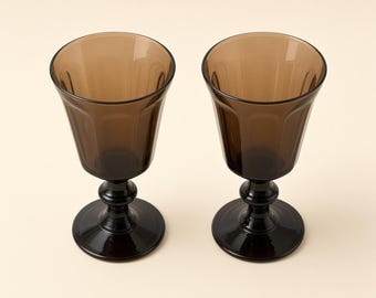 Lenox Amber Glass Goblets Black Pedestal Base, Set of 2 USA Marked Smoke Glass Wine Cordial Cups, MCM Barware Sherry Glasses