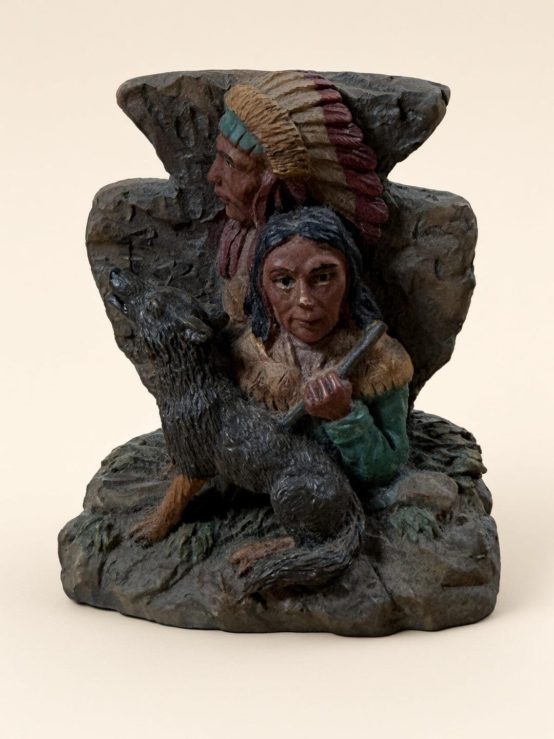 Follow We R Native Painted Resin Figurine, Native American Wolf Scene, Small Rock Base ...