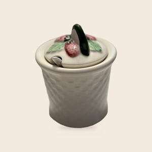 Vintage Basketweave Ceramic Jam Jar with Strawberry Lid and Spoon, Made in Portugal, 5.25 Inch