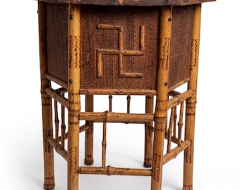 Antique Bamboo Rattan Side Table, Hexagonal Top, Movement Plant Stand