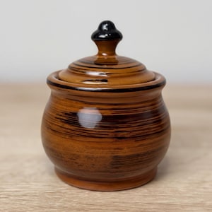 Vintage Japan Ceramic Lidded Pot | Amber Brown Iron Brushed Glaze| MCM Japanese