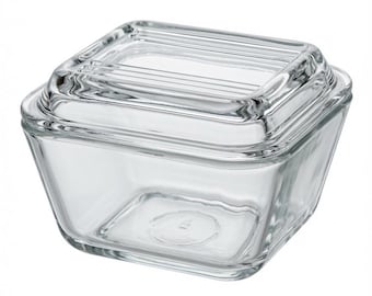 Vintage Pyrex helderglazen schaal met geribbeld deksel (1,5 kop, gemaakt in de VS)