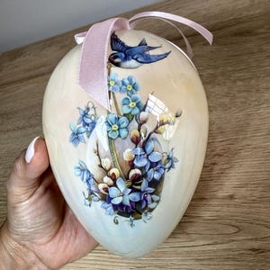 Decoupage Egg Ornament Floral Bird Pattern Cream Blue Pink Glossy Decorative 7”