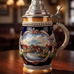 Caneca de cerveja alemã vintage Corzelius com tampa de estanho Bamberg pintada à mão, cena alpina, Alemanha Ocidental.