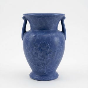 Red Wing Pottery, Blue Speckled Matte Urn | Floral Relief | Double Handle | Footed Base | 7 In