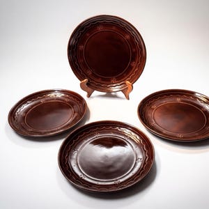 Vintage Marcrest Daisy Dot Stoneware Dinner Plates Set of 4 Oven Proof Brown 10"