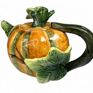 Handmålad keramisk pumpa-tekanna, vintage höstservis, orangegrön squashformad (före 2007)