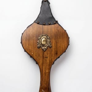 Vintage Wood Leather Fireplace Bellows Ornate Brass Cartouche Medallion