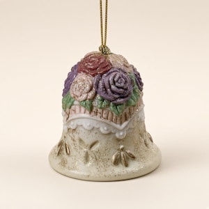 Ceramic Rose Bell Ornament, Vintage Romance Tree Tag, Gold Glitter Roses, Holiday Bell