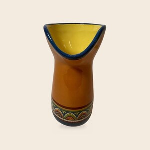 Orange Talavera Style Pitcher Vase, Cobalt Blue Rim, Yellow Glazed Interior, Geometric Band, 6.25 Inch