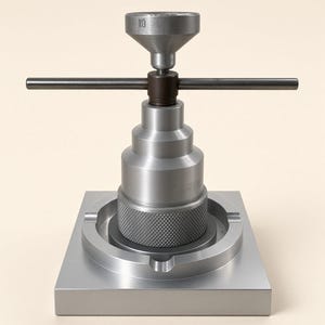 Puede incluir: Una herramienta de prensa para cajas de reloj de metal plateado con base cuadrada, cuerpo cilíndrico escalonado con sección de agarre moleteada y mango en forma de T. El componente superior tiene grabado el número 10.