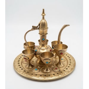 Vintage Brass Middle Eastern Dallah Coffee Tea Set Turquoise Coral Cabochon Cups