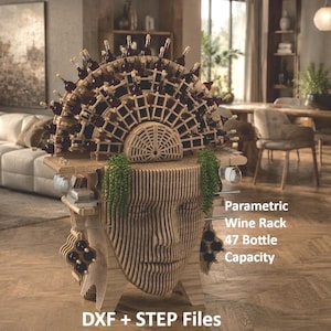 パラメトリックヘッドワインラックCNCファイル – 彫刻的なホームバーキャビネットDXF、STEP（デジタルダウンロード）