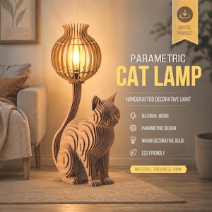 May include: A wooden cat lamp with a warm decorative bulb. The lamp features a parametric design and is made of natural wood. The text on the image says "PARAMETRIC CAT LAMP".