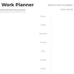 Könnte beinhalten: Ein druckbarer Schichtarbeitsplaner mit dem Titel "Shift Work Planner". Der Planer enthält Abschnitte für wöchentliche, monatliche, Schlaf-, Gewohnheits- und To-Do-Listen. Der wöchentliche Schichtplaner hat Platz für jeden Wochentag und Notizen.