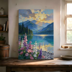 Puede incluir: Una pintura de paisaje representa una serena escena lacustre con montañas al fondo. La obra presenta una paleta de colores vibrantes, con flores rosas, moradas y blancas en primer plano. El cielo es una mezcla de azul y dorado.