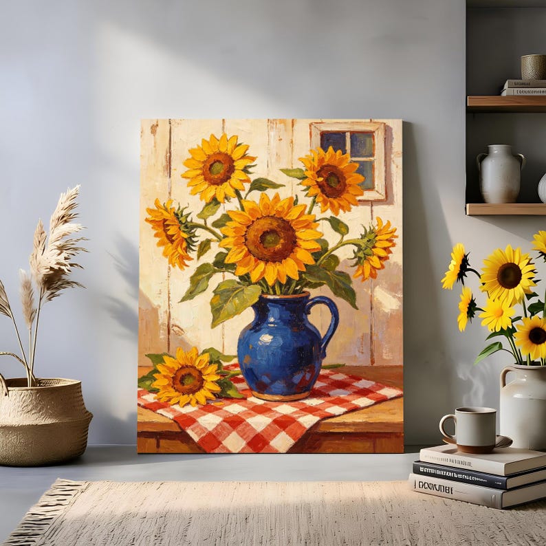 May include: A rectangular wall art print featuring a painting of a blue ceramic pitcher filled with bright yellow sunflowers. The pitcher sits on a red and white checkered cloth atop a wooden table, with a small window visible in the background.
