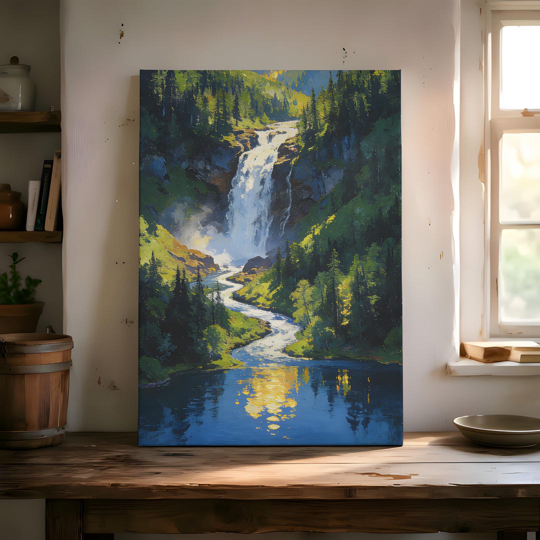 Japanease Waterfall Paint by Number Kits Forest Lack Floral Canvas Wall ...