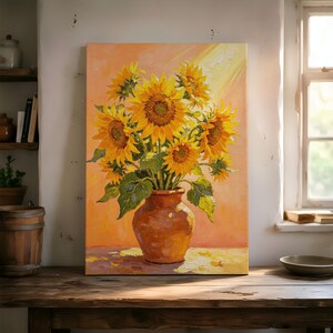 May include: A rectangular canvas painting depicting a bouquet of vibrant yellow sunflowers arranged in a rustic brown ceramic vase. The flowers feature textured petals and dark centers, set against a warm, soft orange background with light rays.