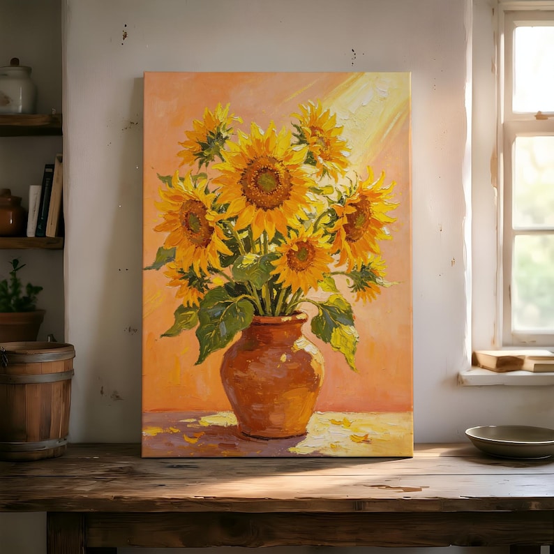 May include: A rectangular canvas painting depicting a bouquet of vibrant yellow sunflowers arranged in a rustic brown ceramic vase. The flowers feature textured petals and dark centers, set against a warm, soft orange background with light rays.