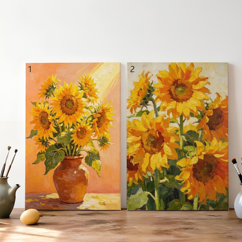 May include: Two rectangular canvas paintings labeled 1 and 2. Painting 1 shows a bouquet of yellow sunflowers in a brown vase against an orange background. Painting 2 depicts a cluster of yellow sunflowers with green leaves on a light background.