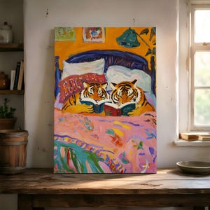Tiger Paar Lese Buch Malen nach Zahlen Kit, Wunderliche Tier Schlafzimmer Leinwand Wand dekor, Matisse Stil Farbe Geschenk, anfängerfreundliche Farbe