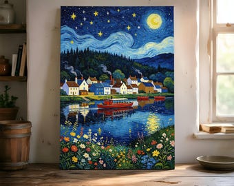 May include: A vibrant painting depicts a village scene under a starry night sky with a full moon. The artwork features a river with red boats, colorful flowers, and houses with chimneys. The color palette includes blues, yellows, and greens, creating a serene landscape.