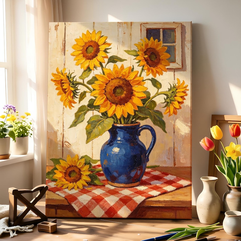 May include: A rectangular canvas painting depicts a vibrant bouquet of yellow sunflowers in a deep blue ceramic pitcher. The pitcher sits on a red and white checkered cloth atop a wooden surface, with a single sunflower resting beside it.