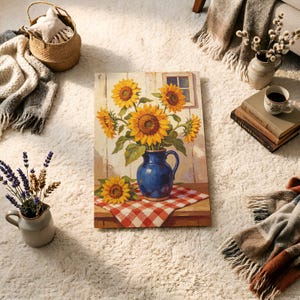 May include: A rectangular canvas print featuring a still life painting of a bouquet of yellow sunflowers in a blue ceramic pitcher. The pitcher sits on a red and white checkered tablecloth against a light-colored wooden wall with a small window.