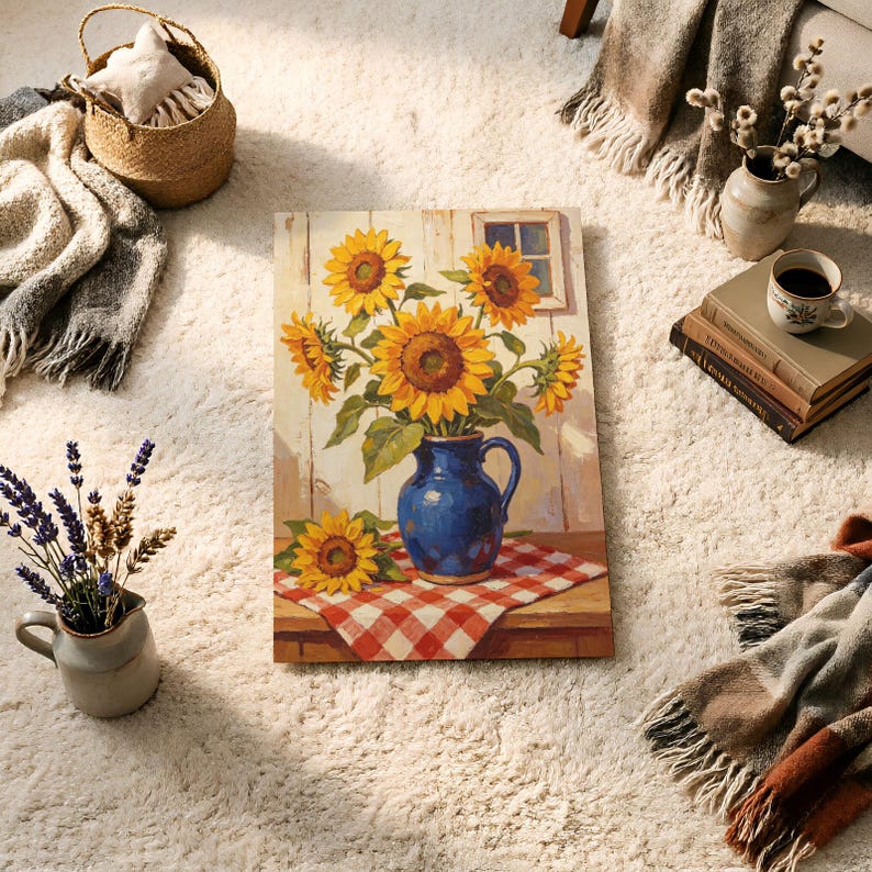 May include: A rectangular canvas print featuring a still life painting of a bouquet of yellow sunflowers in a blue ceramic pitcher. The pitcher sits on a red and white checkered tablecloth against a light-colored wooden wall with a small window.
