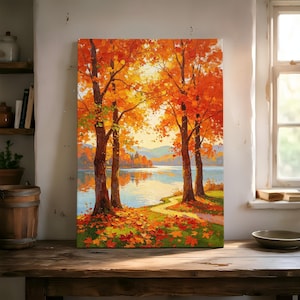 Peinture par numéro d'arbre d'érable de lac d'automne, art mural de toile de paysage de rivière de montagne, décoration de nature d'automne de pays, cadeau facile de peinture de saison d'automne