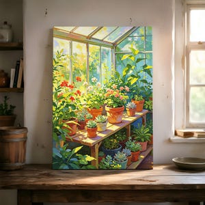 Puede incluir: Una pintura vibrante de un interior de invernadero lleno de plantas en macetas. La obra de arte muestra una estantería de madera cargada de varias flores y suculentas en macetas de terracota. La escena está bañada por la luz del sol, creando un ambiente cálido y acogedor.