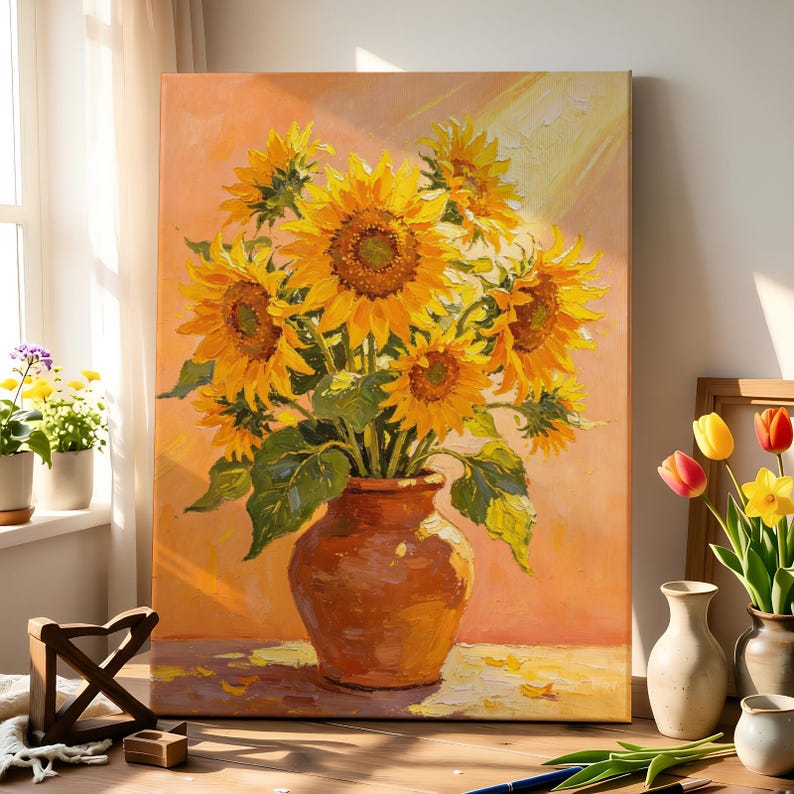 May include: An oil painting on canvas depicting a bouquet of vibrant yellow sunflowers in a rustic terracotta vase. The artwork features thick, textured brushstrokes, warm orange and golden hues, and green leaves, set against a soft, sunlit background.