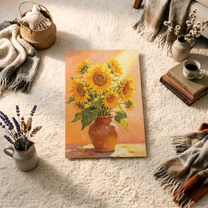 May include: A rectangular canvas print featuring an oil painting of a bouquet of bright yellow sunflowers in a brown ceramic vase. The artwork displays a warm orange and yellow background with visible brushstrokes and a sunlit, glowing effect.