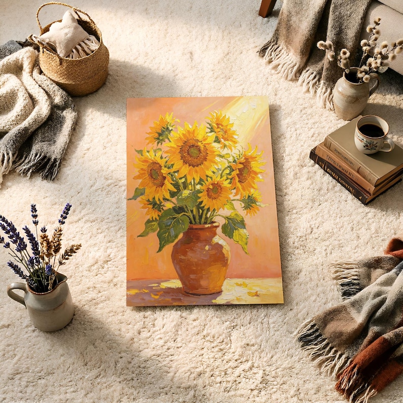 May include: A rectangular canvas print featuring an oil painting of a bouquet of bright yellow sunflowers in a brown ceramic vase. The artwork displays a warm orange and yellow background with visible brushstrokes and a sunlit, glowing effect.