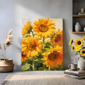 May include: A rectangular canvas painting featuring a cluster of vibrant yellow sunflowers with dark brown centers and green stems. The artwork displays thick, textured brushstrokes in shades of gold, orange, and deep green, capturing a dense floral arrangement.