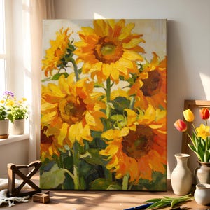 May include: A rectangular canvas painting featuring a vibrant cluster of sunflowers with textured yellow and orange petals and dark brown centers. The artwork displays thick, visible brushstrokes and deep green foliage, capturing a bright floral arrangement.