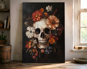 Puede incluir: Impresión en lienzo que presenta una calavera adornada con flores vibrantes. La calavera está representada de forma realista, con una estructura ósea y dientes detallados. Las flores son una mezcla de naranja, blanco y rojo, sobre un fondo oscuro.
