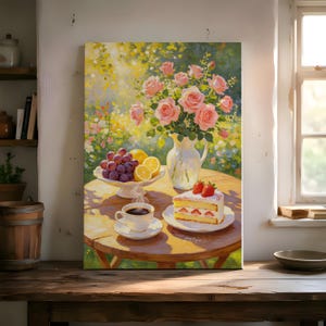 May include: A vertical canvas print depicting a still life scene on a round wooden table. A white pitcher holds pink roses, next to a bowl of purple grapes and yellow lemon slices. A slice of strawberry cake and a steaming cup of coffee sit nearby.