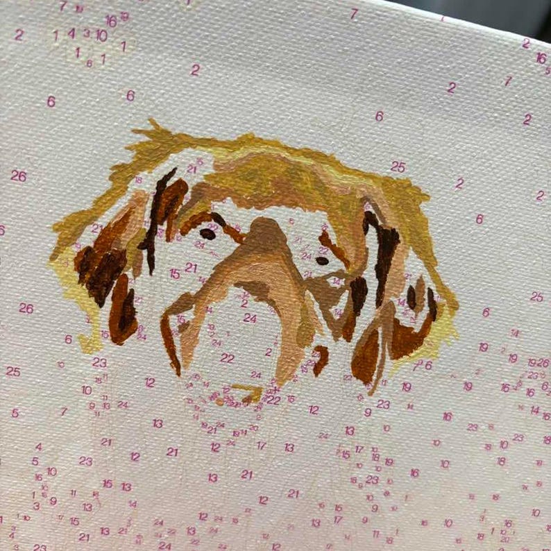 May include: A paint-by-number canvas featuring a partially completed portrait of a dog. The image displays shades of golden, tan, and dark brown paint applied to the head and ears, surrounded by numerous small printed numbers and dots.