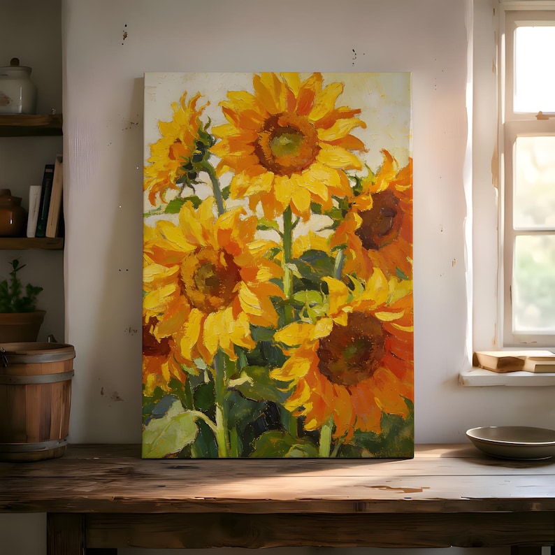 May include: A rectangular canvas painting featuring a vibrant cluster of sunflowers with bright yellow and orange petals, dark brown centers, and green stems and leaves, rendered with visible brushstrokes against a light, neutral background.