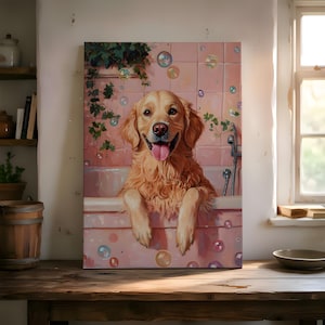 May include: A canvas print of a Golden Retriever dog in a pink bathtub, surrounded by bubbles. The dog has a happy expression with its tongue out. The background features pink tiles and greenery, creating a playful and cheerful scene.