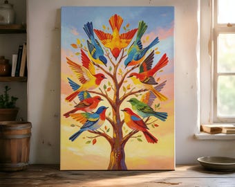 Kit de pintura por números Árbol de la Vida con Pájaros Vibrantes, Pintura DIY para adultos con Pájaros Primaverales Coloridos, Arte de pared estilo boho para la decoración del hogar, Regalo para amantes de las aves para mamá