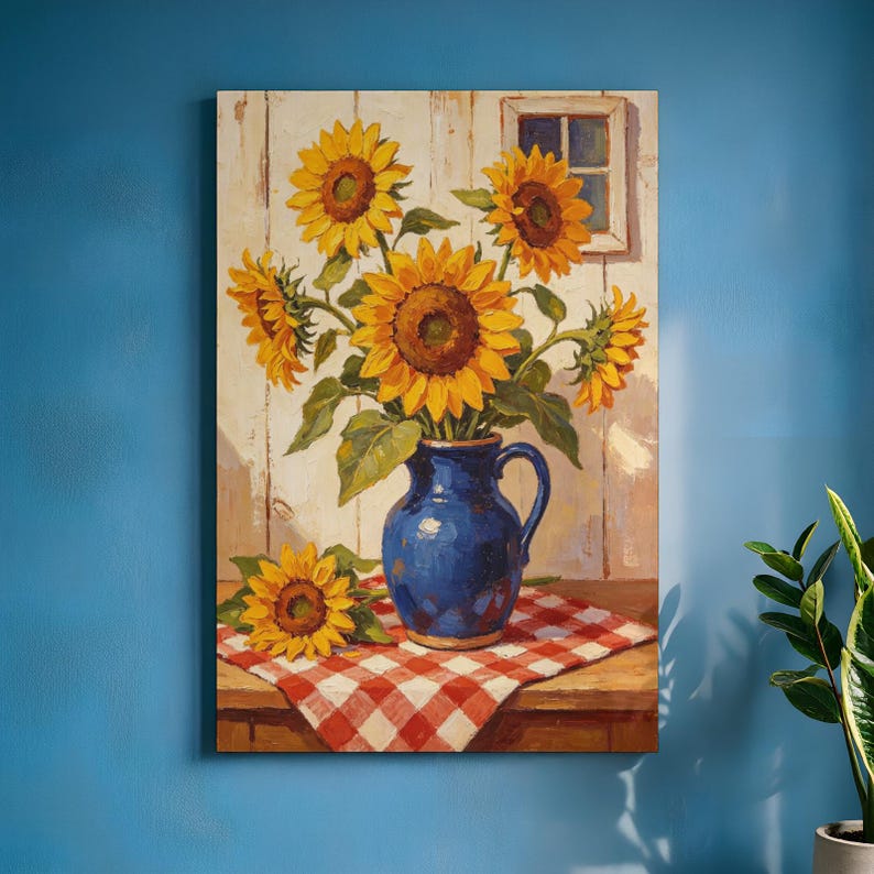 May include: A rectangular wall art print featuring a vibrant bouquet of yellow sunflowers in a glossy blue ceramic pitcher. The pitcher sits on a red and white checkered cloth against a rustic white wooden wall background with a small window pane.