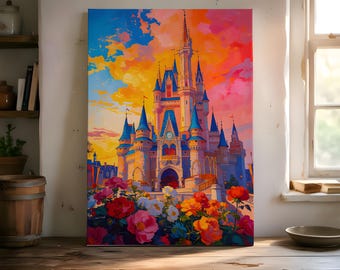 May include: A vibrant canvas print of a fairytale castle with blue turrets and a colorful sunset backdrop. The castle is surrounded by a bed of red, pink, and yellow roses. The artwork is displayed on a wooden table.