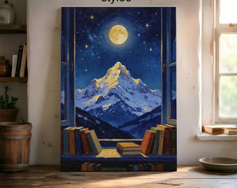May include: A rectangular wall art print labeled style3, depicting an open window view of a snow-capped mountain under a full moon and starry night sky. The window sill is lined with colorful books, with more books stacked below the sill.