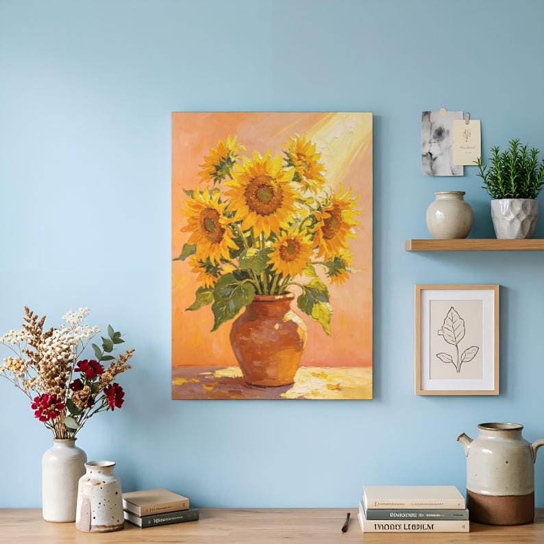 May include: A rectangular canvas painting featuring a bouquet of vibrant yellow sunflowers in a brown ceramic vase against a warm orange background. The artwork displays visible brushstrokes and a light-filled composition with green leaves.