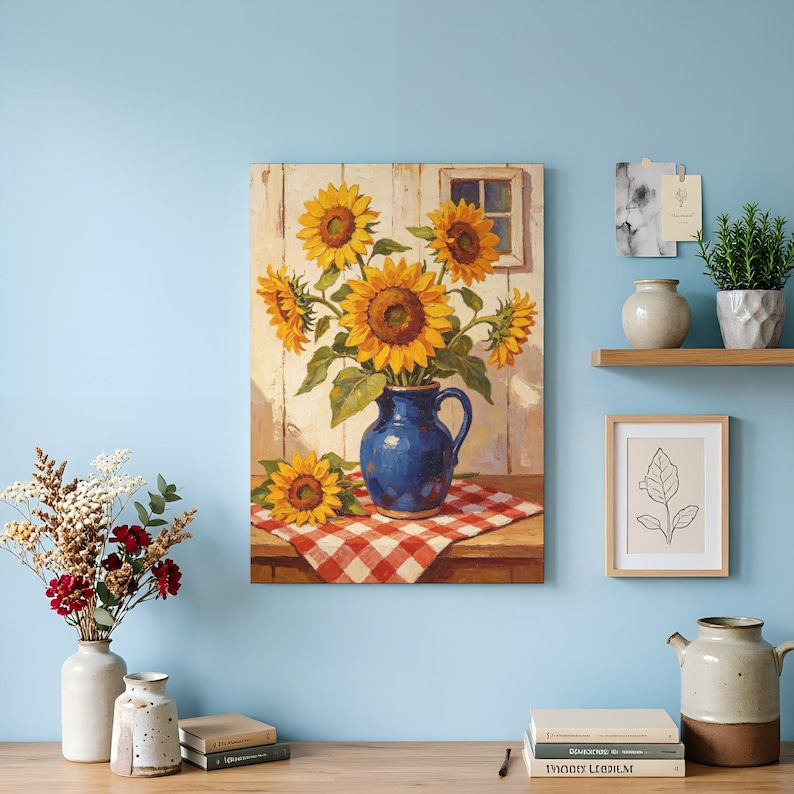 May include: A rectangular wall art print featuring a painting of a blue ceramic pitcher filled with bright yellow sunflowers. The pitcher sits on a red and white checkered cloth atop a wooden table, with a small window visible in the background.