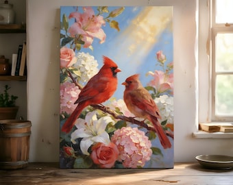 May include: A vertical rectangular canvas print featuring a vibrant red cardinal and a brownish-red cardinal perched together on a branch. They are surrounded by blooming pink roses, white lilies, and white hydrangeas against a bright blue sky.