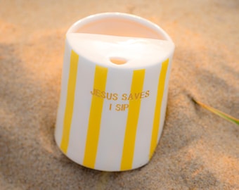 Christian Travel Mug | "Jesus Saves I Sip" Coffee Cup, Yellow Stripes, Gold Lettering